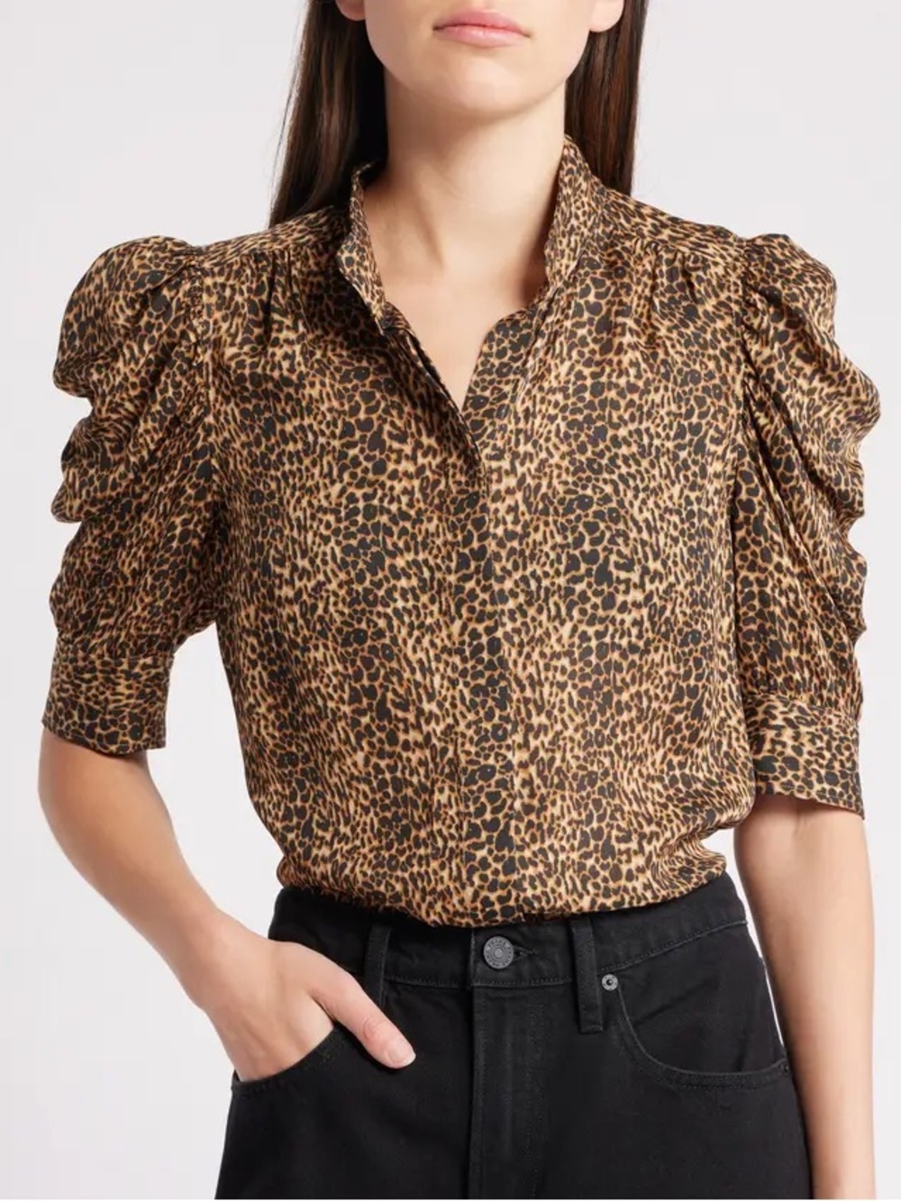 Frame Gillian Leopard Print Puff Sleeve Silk Top Puff-Sleeve Blouse Small